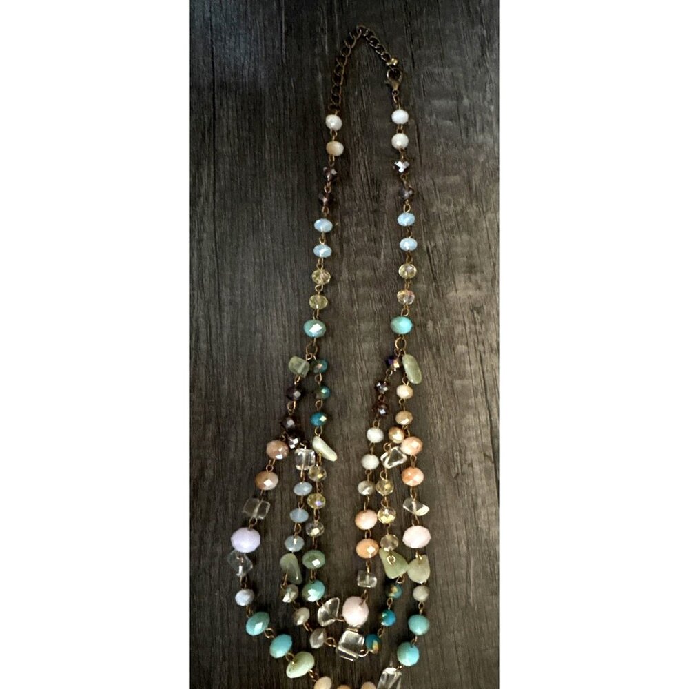 Faceted Crystal Three Strand Beaded Necklace Gold Tone Chain Pastel Colors